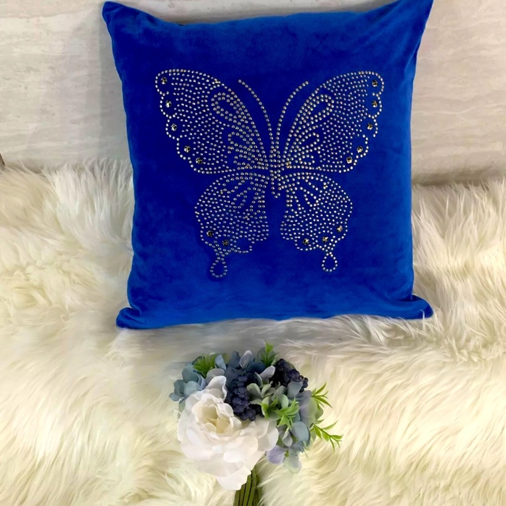 Handmade Decorative Pillow cover Gold Butterfly Rhinestone In Royal Blue Velvet